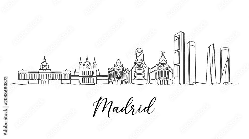 Fototapeta premium Minimalist Pen Sketch of Madrid'S Iconic Skylines Featuring Historic and Modern Architectural Structures