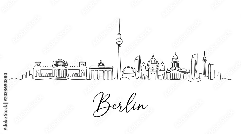 Fototapeta premium Stylized Berlin cityscape line art with iconic architecture and skyline description
