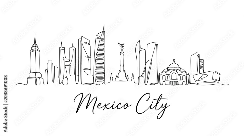 Fototapeta premium Minimalist Line Illustration of Mexico City Skyline Featuring Iconic Modern Skyscrapers and Historic Landmarks