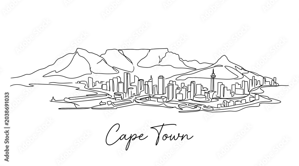 Naklejka premium Minimalist Sketch of Cape Town Skyline with Mountain Range and Urban Landscape