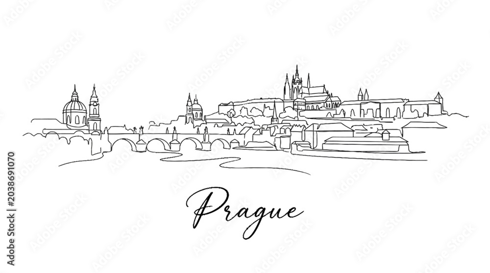 Fototapeta premium Minimalist line art depiction of Prague's historic skyline showcasing iconic architecture and cityscape with artistic elegance