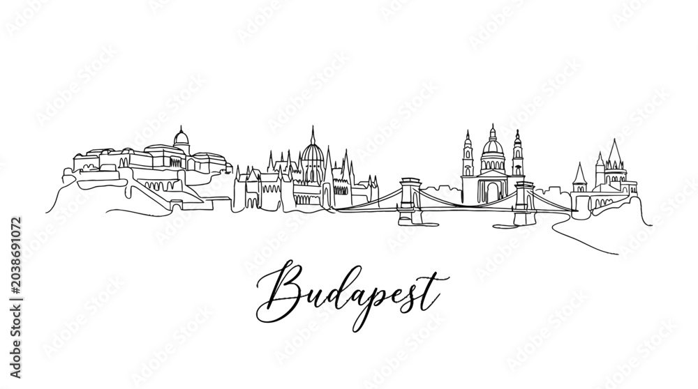 Fototapeta premium Minimalist Line Art Illustration of Budapest Skyline Featuring Historic Structures and Bridges