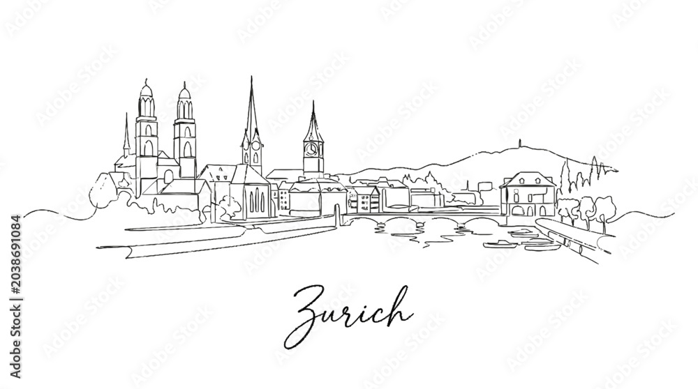 Fototapeta premium Elegant Line Drawing of Zurich's Cityscape Featuring Historic Churches and Modern Buildings