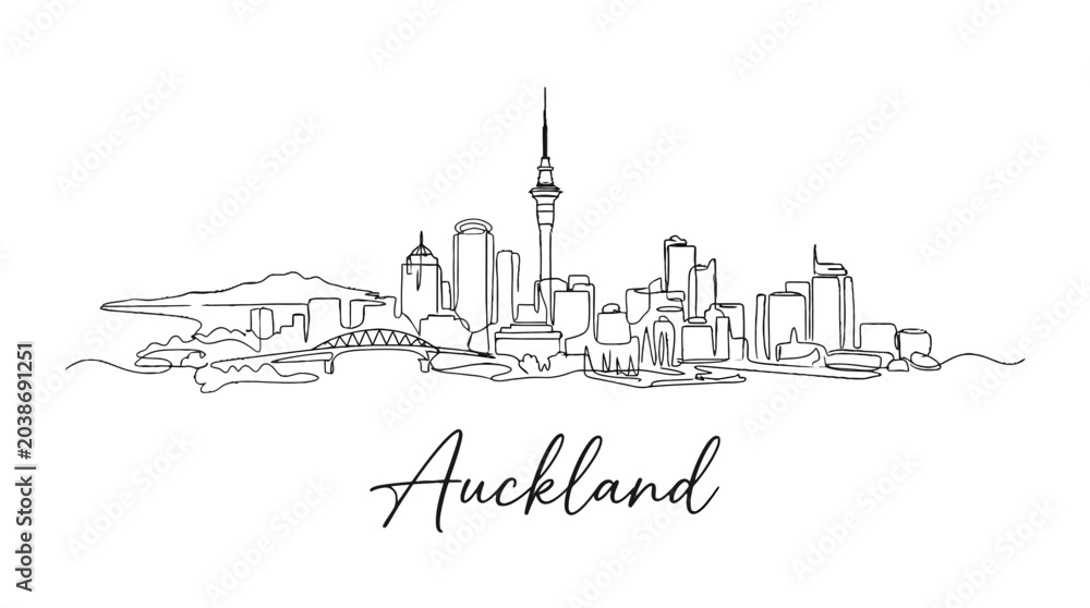 Fototapeta premium Minimalist Line Art Illustration of Auckland Skyline Featuring Iconic Skyscrapers and Harbour Views