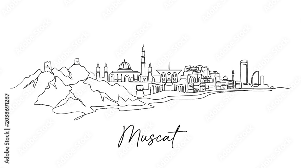 Fototapeta premium Elegant minimalist line art capturing the iconic skyline and landscape of Muscat Oman featuring historic and modern architecture