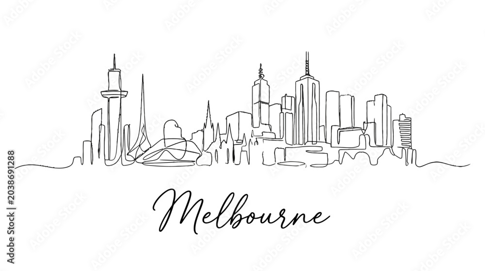 Fototapeta premium Minimalist Line Art Illustration Depicting the Melbourne City Skyline Featuring Iconic Landmarks and Modern Architecture