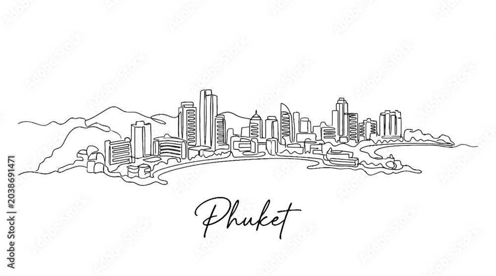 Fototapeta premium Minimalist Line Drawing of Phuket Cityscape Featuring Modern High-Rise Buildings and Coastal Landscape