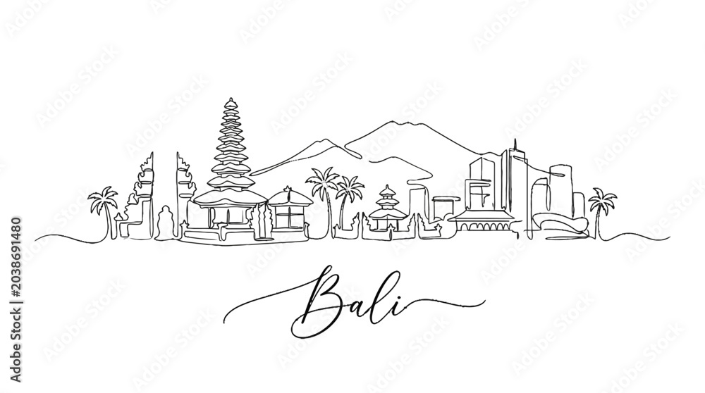 Obraz premium Minimalist Sketch of Bali's Scenic Landscape Featuring Traditional Temples and Mountain Views