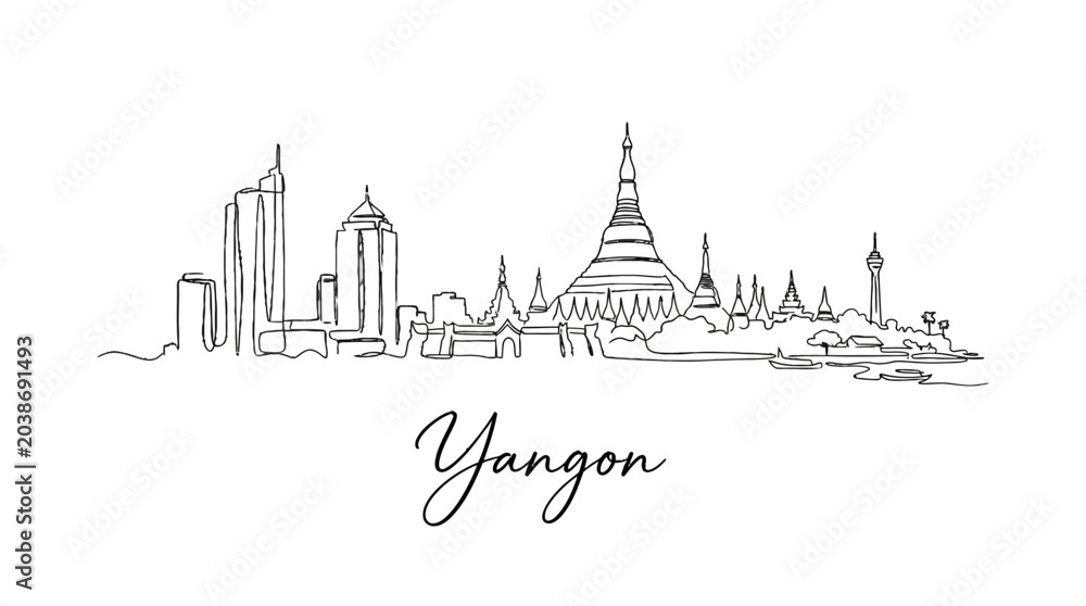 Obraz premium Minimalist Line Drawing of Yangon Skyline Featuring Iconic Landmarks and Modern Architecture