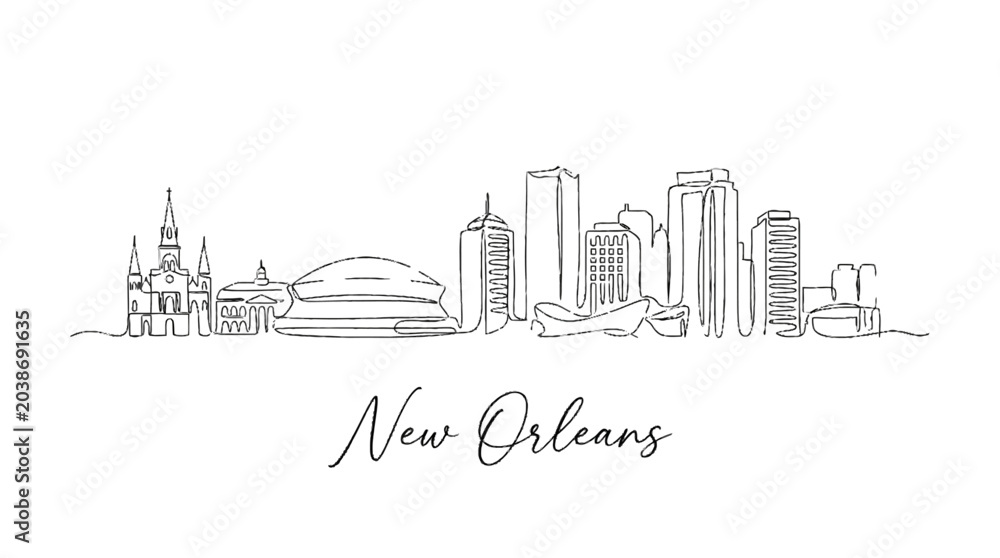 Obraz premium Minimalist Line Art Illustration of New Orleans Skyline Featuring Iconic Landmarks and Cityscape Elements