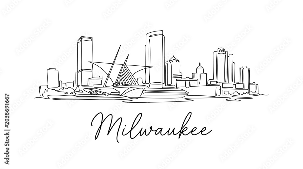 Fototapeta premium Minimalist Line Drawing of Milwaukee Downtown Skyline with Modern Buildings and Waterfront View