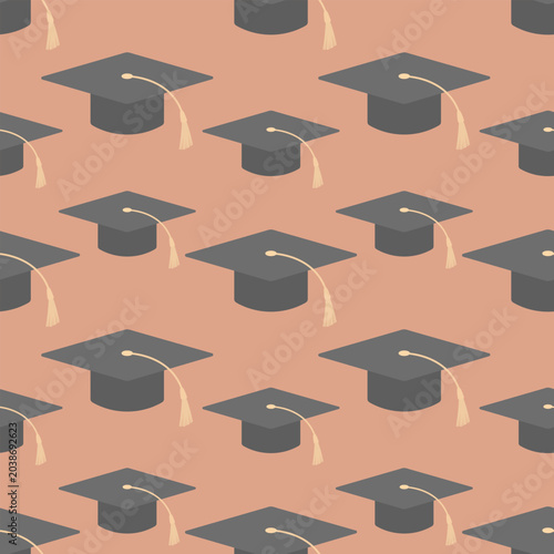 Black graduation cap with a gold tassel. Hats in different sizes. Seamless pattern. Red background.