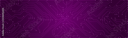 Magenta circuit board pattern with glowing nodes on a dark purple background technology digital