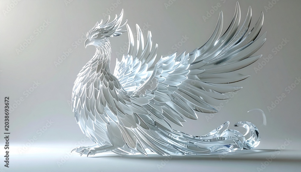Fototapeta premium Crystal Phoenix Rising: A magnificent phoenix, intricately crafted from sparkling crystal, symbolizes rebirth and resilience. Its ethereal wings are spread, ready to soar anew.