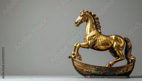 Golden Horse Sculpture: A stunning golden sculpture of a horse with its forelegs raised, poised within a decorative base, representing power and elegance against a minimalist background.