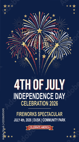 4th of July Independence Day Fireworks Poster —American Patriotic Night Sky Red Navy Gold Stars Template Design 2026