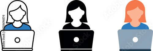 Woman working on laptop icon set vector with outline filled line and flat designs for remote freelance business education