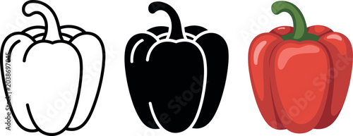 Red bell pepper icon set vector with outline glyph and flat style for cooking food and fresh vegetable concepts