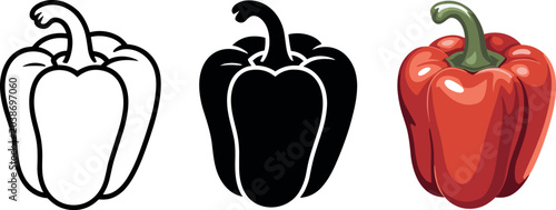 Red bell pepper icon set vector with outline glyph and flat style for cooking food and fresh vegetable concepts