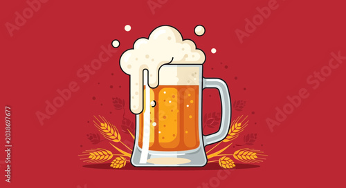 Quadro em tela Frothy Beer Mug Illustration with Wheat and Hops