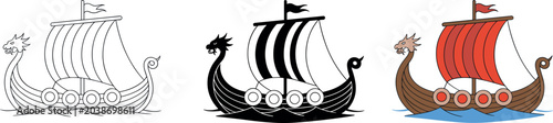 Φωτογραφία Viking longship drakkar boat vector icon set with outline silhouette and colored