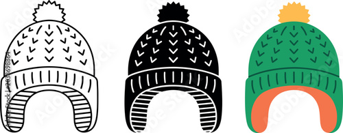 Winter knit hat vector icon set with outline silhouette and colored flat design earflap variations