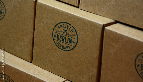 Berlin arrived stamp printed on cardboard box