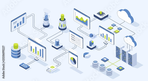 A complex network of interconnected business data systems and devices.
