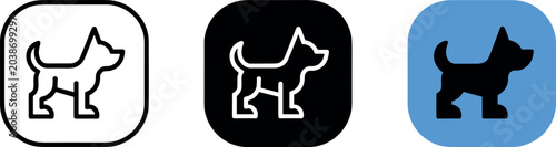 Dog icon vector set featuring line art outline and silhouette styles inside rounded square app buttons