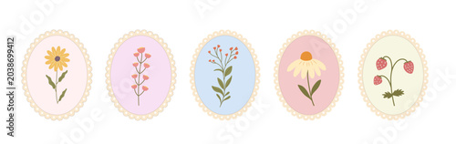 Quadro su tela Set of vintage floral frames with wildflowers and berries in pastel colors