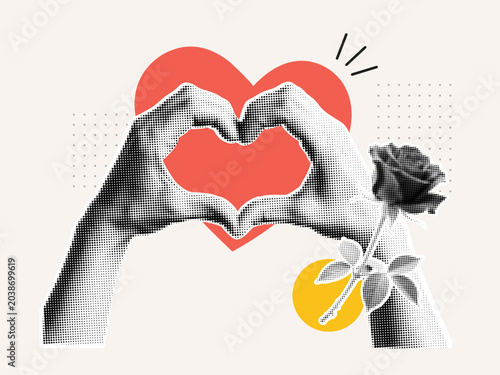 Hands forming heart shape with rose and red heart in modern halftone collage style. Romantic love, relationship and Valentine’s Day concept illustration.