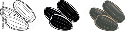 Organic sunflower seed icons set featuring natural healthy snack in linear outline black silhouette and flat vector illustrations