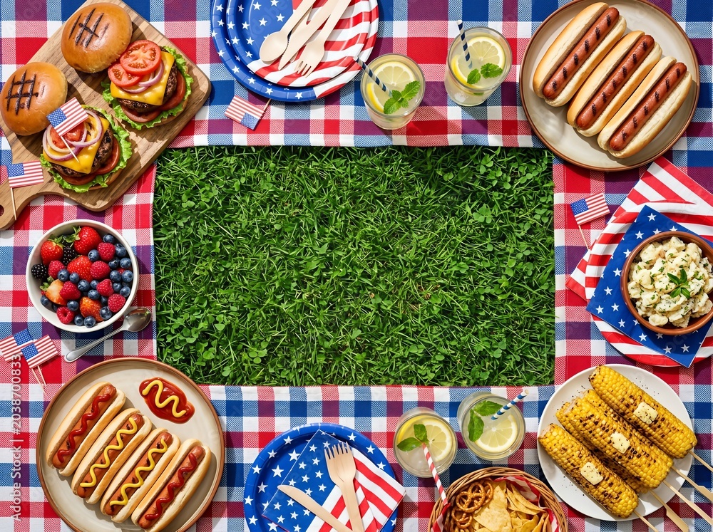 Obraz premium Colorful picnic with burgers, hot dogs, lemonade, and fruits on a checkered cloth, perfect for holiday gatherings.