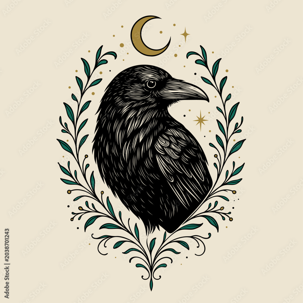 Obraz premium Rabe mit Mond und botanischen Elementen als mystische Vektor Illustration
