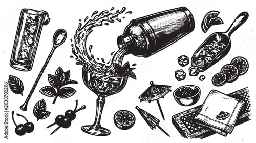 Bild auf Leinwand Cocktail, drink, bar, vector icons, 25 elements, black and white, illustration,