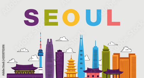 Photography Seoul skyline vector illustration with famous landmarks and cityscape elements