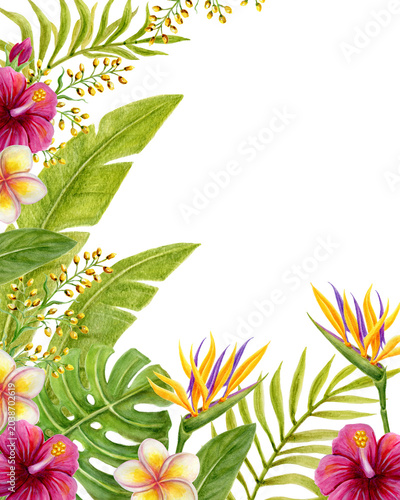 Tropical flowers corner frame. Floral tropics ornament. Watercolor painting with pink Hibiscus flowers and palm leaves. Tropic summer composition.