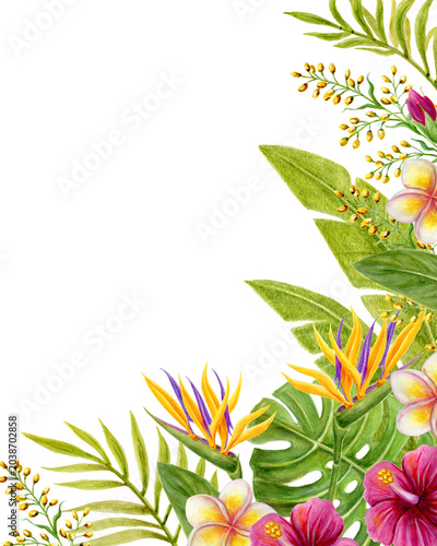 Tropical flowers corner frame. Floral tropics ornament. Watercolor painting with pink Hibiscus flowers and palm leaves. Tropic summer composition.