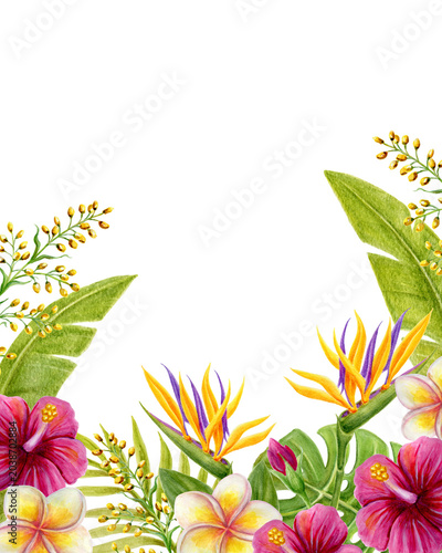 Tropical flowers frame. Floral tropics ornament. Watercolor painting with pink Hibiscus flowers and palm leaves. Tropic summer composition.