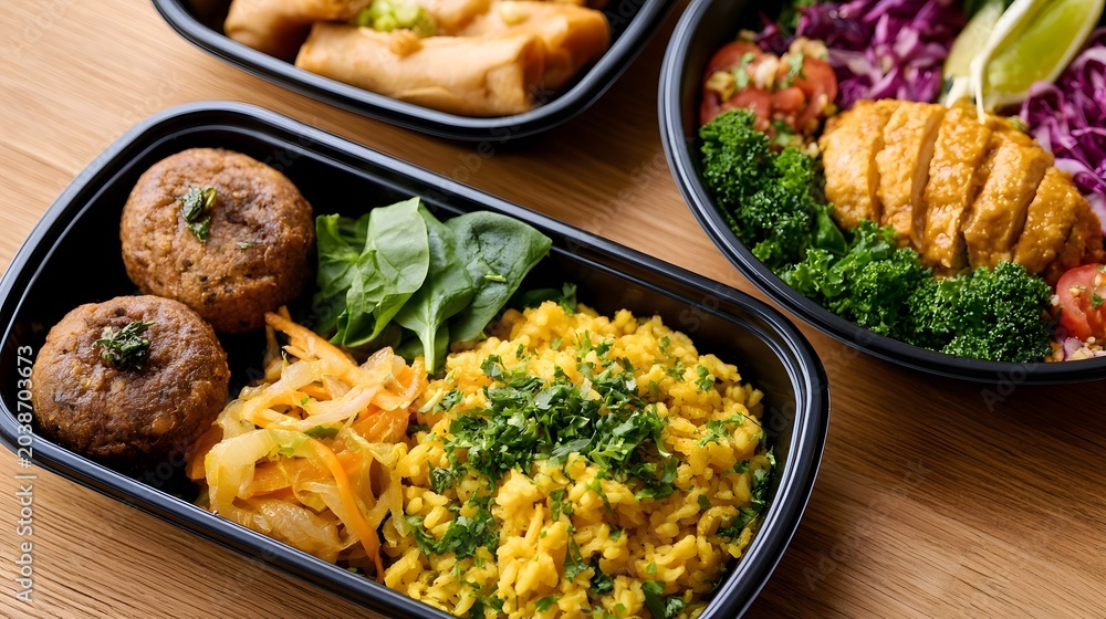 Fototapeta premium A vibrant and wholesome meal box featuring fresh pasta leafy greens and vegetables arranged on a rustic wooden surface