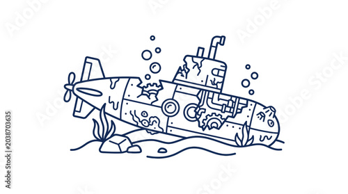 Quadro su tela Illustration of a sunken submarine underwater with bubbles and seaweed