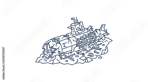 Fotografía Illustration of a sunken submarine wreck on the seabed.