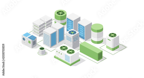 Green industrial complex with various structures.