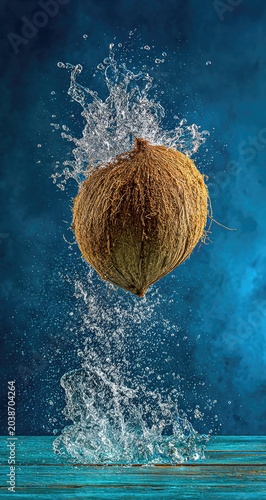 Coconut in midair, water splashing around it