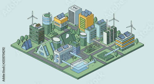 Fotografie Eco-friendly city with green buildings and renewable energy sources
