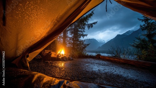 Rainy night camping scene viewed from inside a tent, showing a campfire and mountain lake
