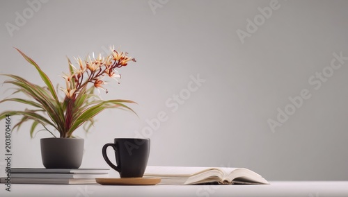 Minimalist still life of a potted plant, coffee cup, and open book on a white surface against a neutral backdrop
