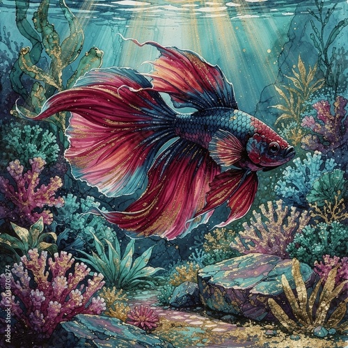 vibrant Japanese fighting fish swimming through a lush underwater coral reef scene

