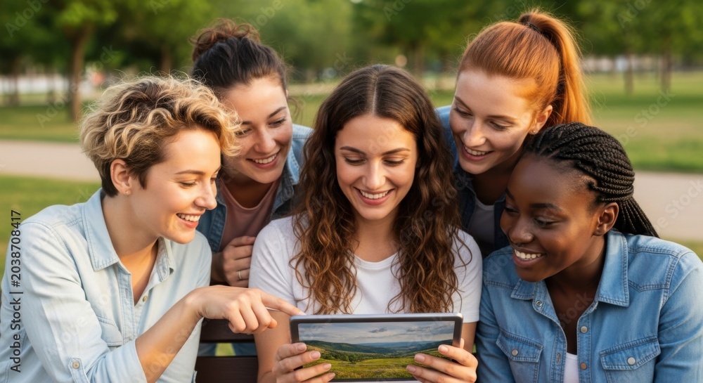 Obraz premium happy young women looking at tablet in park