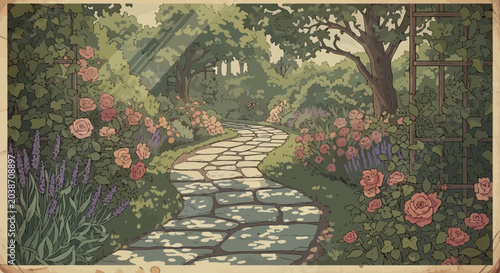 Bild auf Leinwand Enchanting Garden Path with Roses and Lavender, Sunlight Dappled